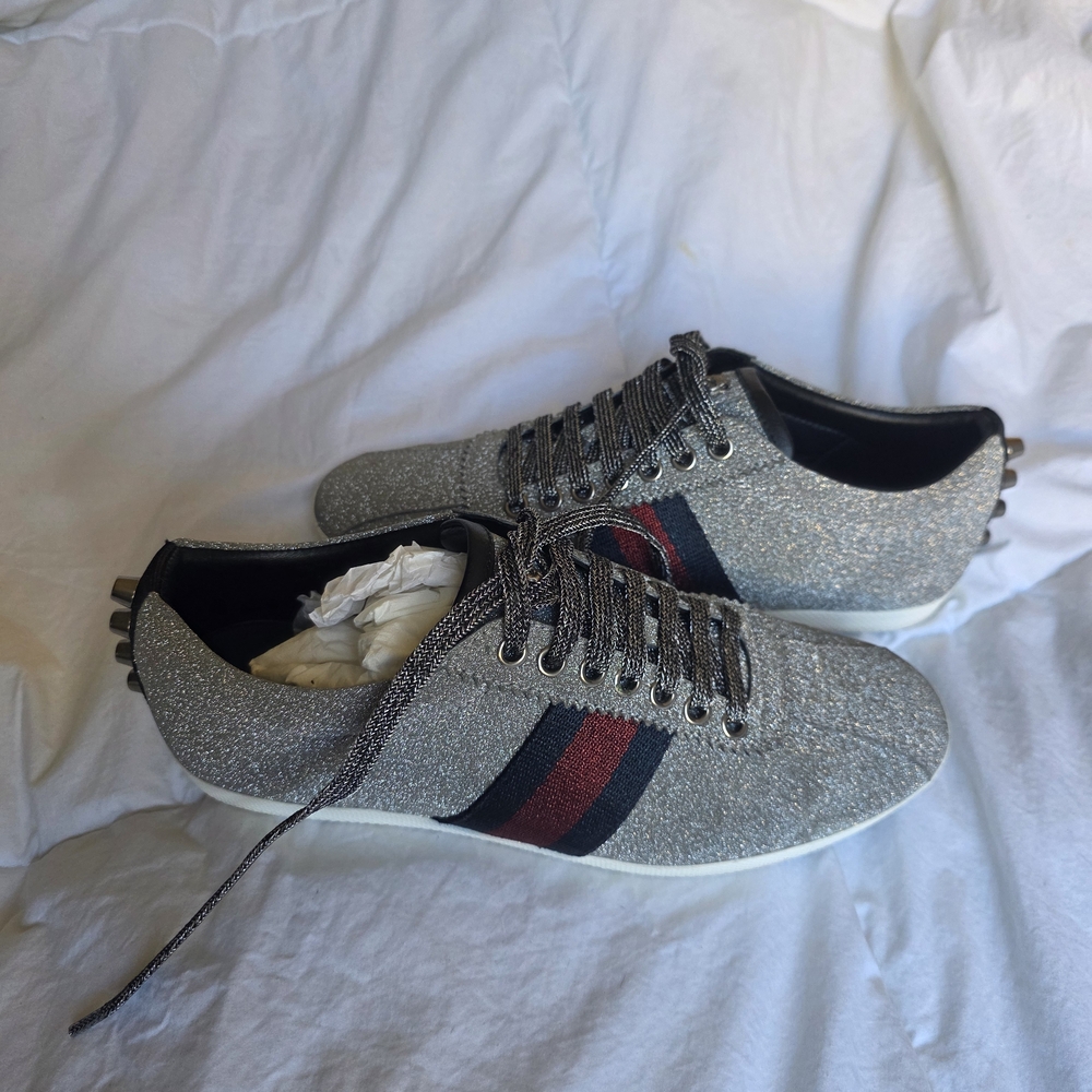 Gucci Silver Glitter Sneakers with Red and Black Stripes